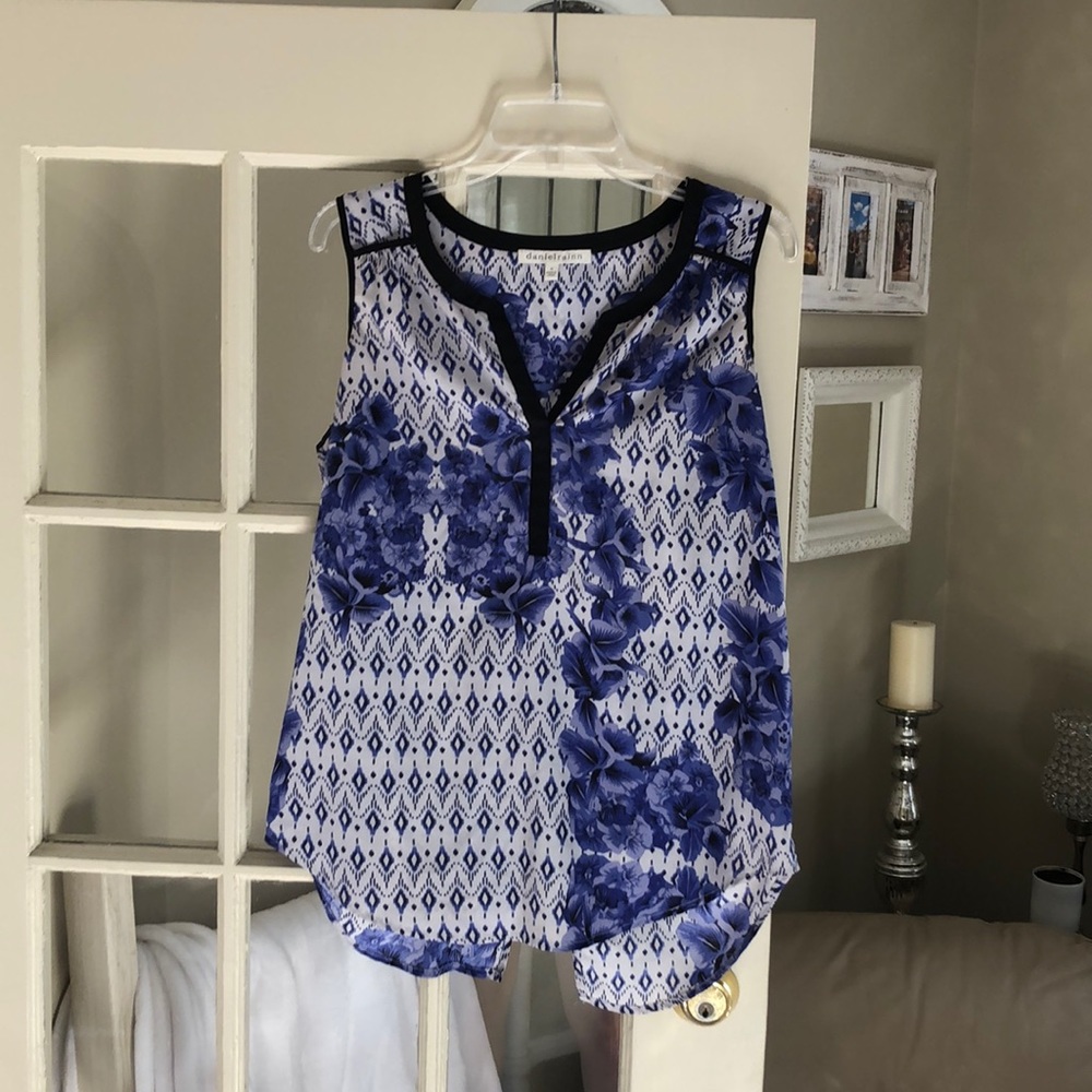 Black, white and blue floral blouse